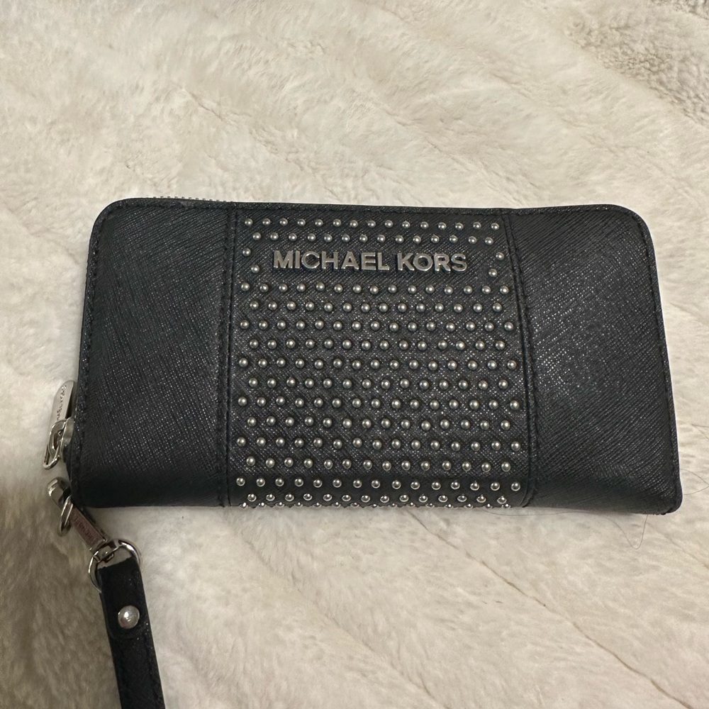 MICHAEL KORS black studded wristlet wallet